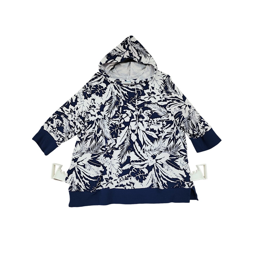 Belle Beach Kim Gravel Hoodie XL Wom Navy White Tropical Palm Hibiscus Pullover